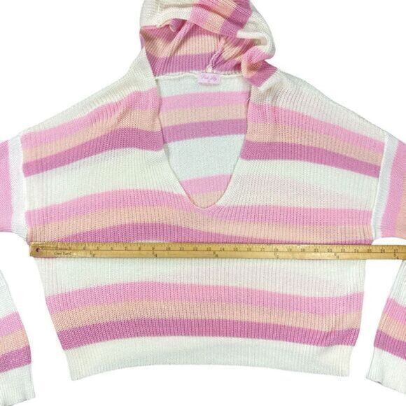 Pink Lily Hoodie Womens Sz M Pink White Striped Pull Over Knit Oversized Sweater - Picture 9 of 16